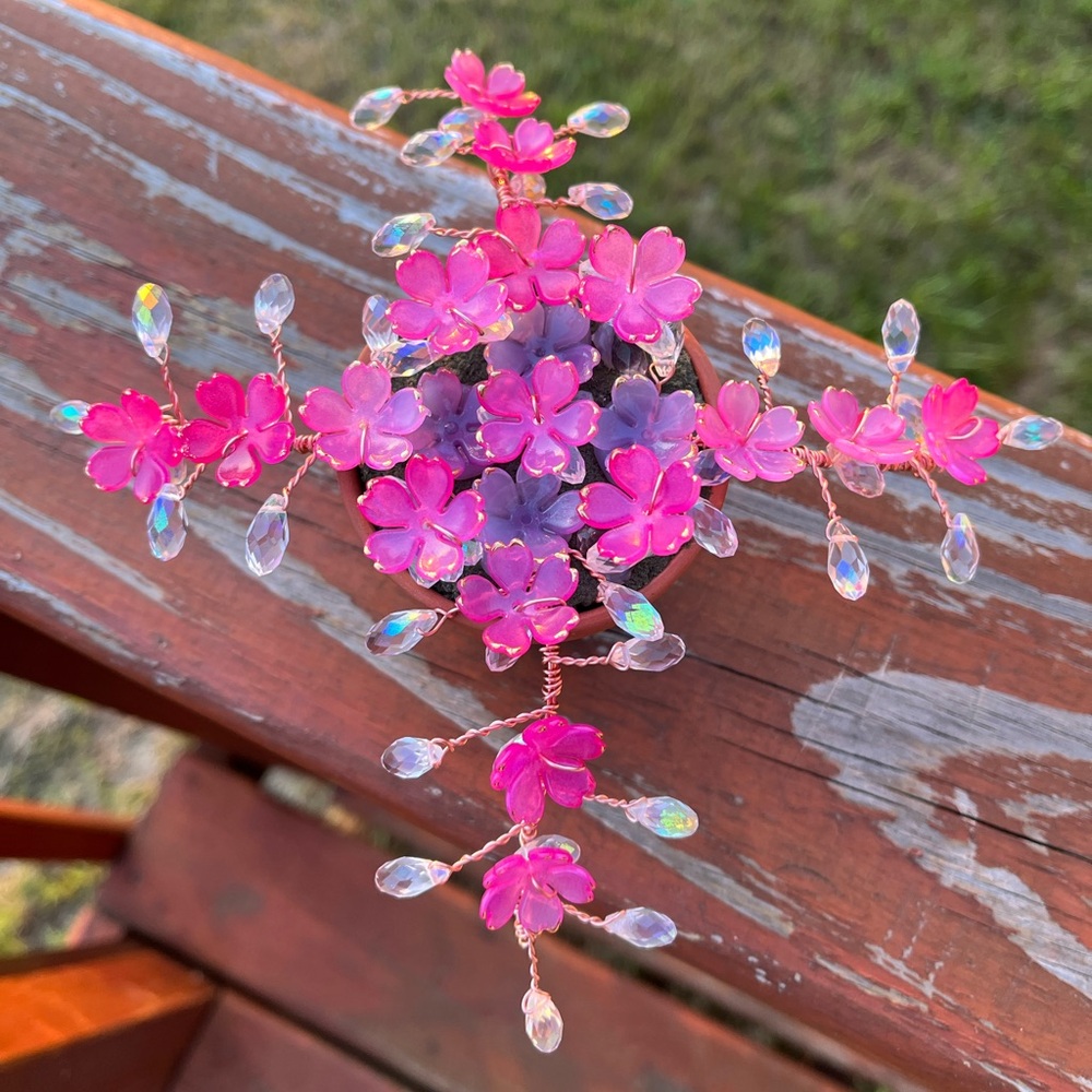 Handcrafted Beaded Succulent with Pink Flowers